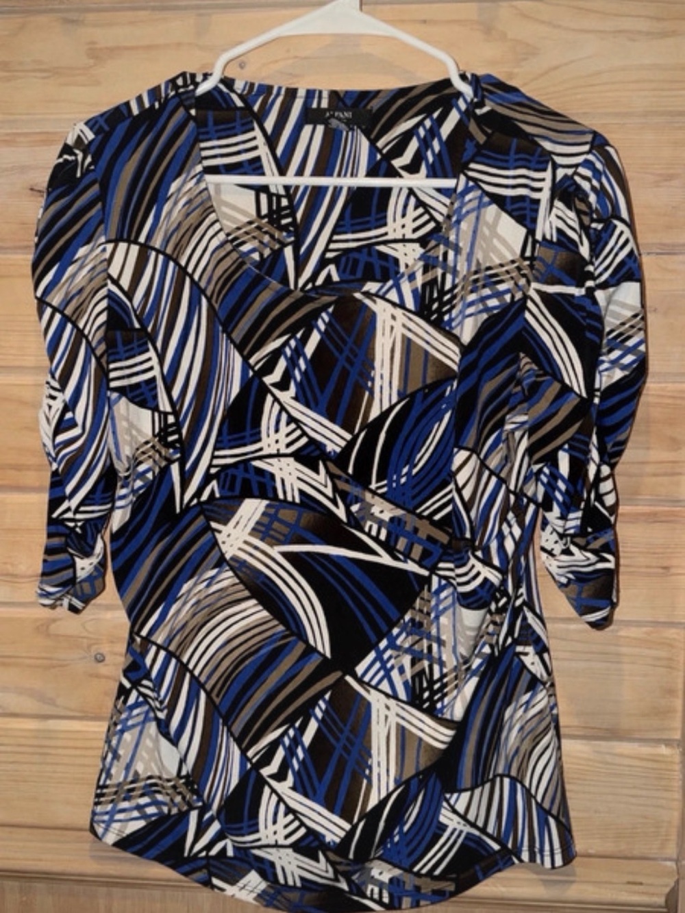 Alfa I Petite Blue & Black Abstract Print Wrap-Style Women's Top